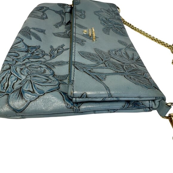 Cuoieria Fiorentina Embossed Blue Floral Leather Crossbody Bag Gold Chain Strap - Picture 7 of 14